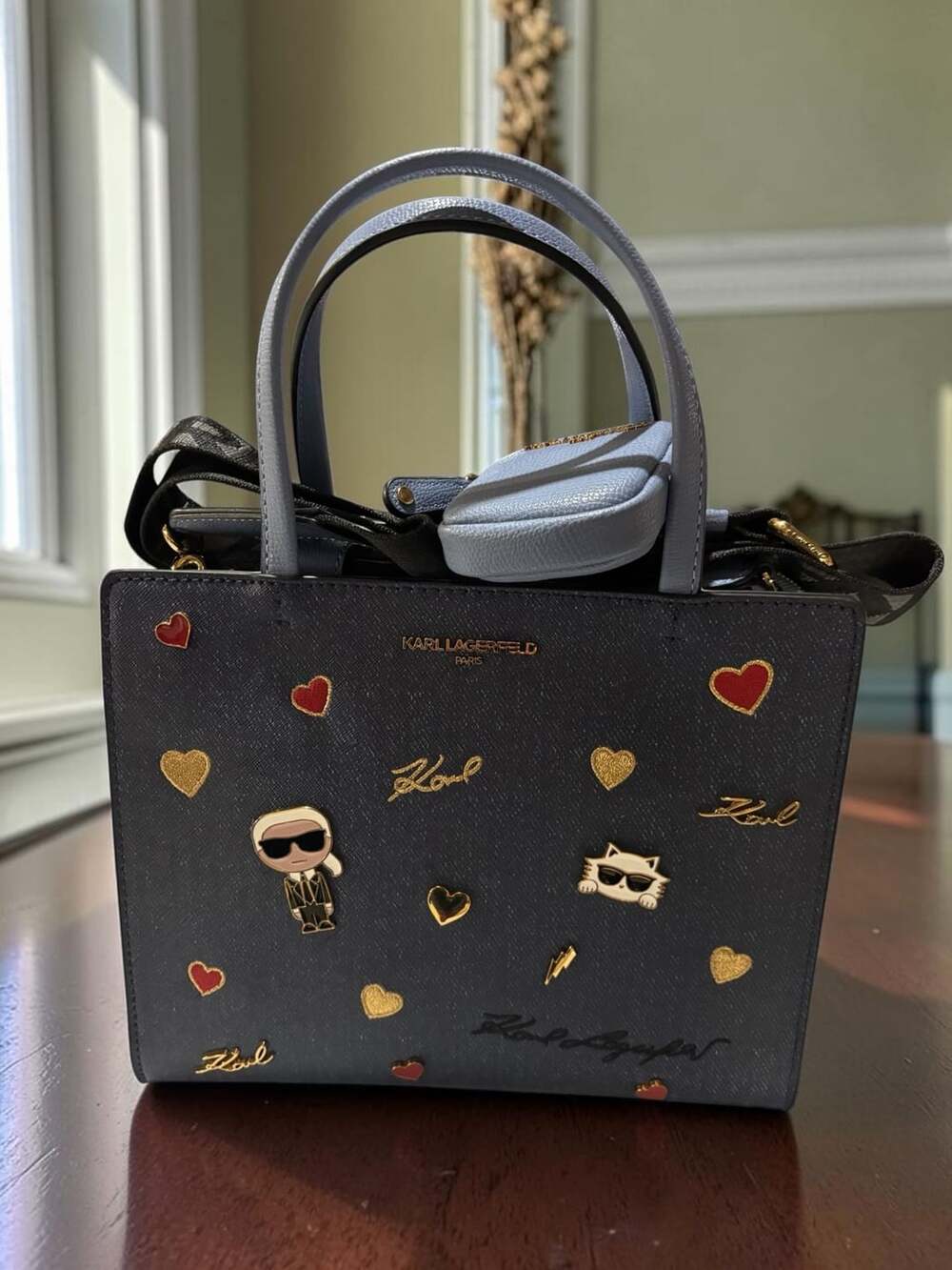 Karl Lagerfeld Paris Maybelle Satchel Handbag Blue With Pins